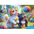 Фото товара - ПазлыМакси 24 дет. Кот и щенок с мячом УК24-0210, (Рыжий кот)