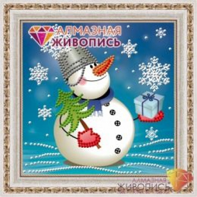 Большое фото товара - Алмазная  Живопись Картина стразами. Снеговик с подарком (15*15см, стразы, контейнер, холст без подрамника, инструкция) АЖ-3010, (Мосфа), 11-123921. Вариант №1
