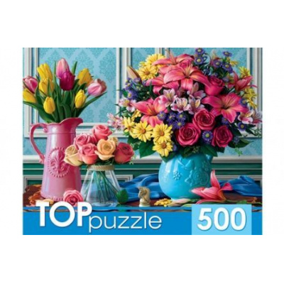 Большое фото товара - ПазлыTOPpuzzle 500 дет. Вазы с яркими цветами ХТП500-4234, (Рыжий кот), 11-153764. Вариант №1