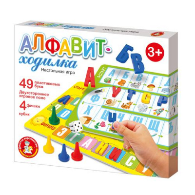 Большое фото товара - Настольная Игра Алфавит (игра-ходилка) (49 букв, фишки, кубик, в коробке, от 5 лет) 04380, (ООО "Десятое королевство"), 11-201282. Вариант №1