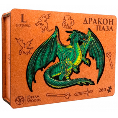 Большое фото товара - ПазлФигурный 260 дет. DREAM WOODS. Дракон зеленый (дерево, в футляре) L-003G, (ООО "ЭГУЛИС"), 11-217339. Вариант №1