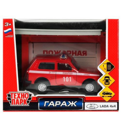 Большое фото товара - Модель Инерционная Технопарк LADA 4x4 Пожарная часть с гаражом (11см, металл, пластик, открываются двери, в коробке) GARAGESMA-20PLFRI-LAD, (Shantou City Daxiang Plastic Toy Products Co., Ltd), 11-217985. Вариант №1