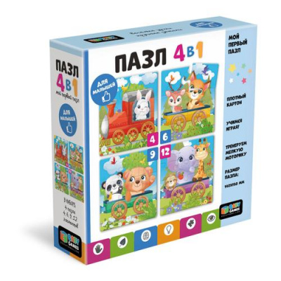 Большое фото товара - Пазл Baby Games набор 4 дет.,6 дет.,9 дет.,12 дет. Паровоз (4в1) 08582, (ООО "Оригами"), 11-225909. Вариант №1