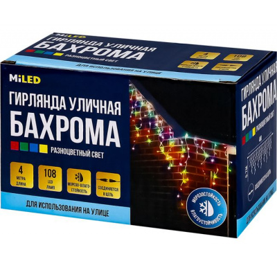 Большое фото товара - Гирлянда Бахрома (уличная, длина 4м, 108 разноцветных ламп, в коробке) НГУ-0082, (ООО "МИЛЕНД"), 11-229555. Вариант №1