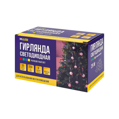 Большое фото товара - Гирлянда метражная (длина 25м, 250 разноцветных ламп, прозрачная нить, 8 режимов, в коробке) НУ-9785, (ООО "МИЛЕНД"), 11-234017. Вариант №1