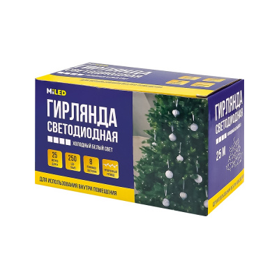 Большое фото товара - Гирлянда метражная (длина 25м, 250 холодных белых ламп, прозрачная нить, 8 режимов, в коробке) НУ-9784, (ООО "МИЛЕНД"), 11-234018. Вариант №1