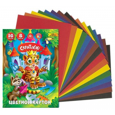 Большое фото товара - Набор цветного картона А4 16л 8цв КЦ16Л8ЦКР Creativiki, 12-111604. Вариант №1
