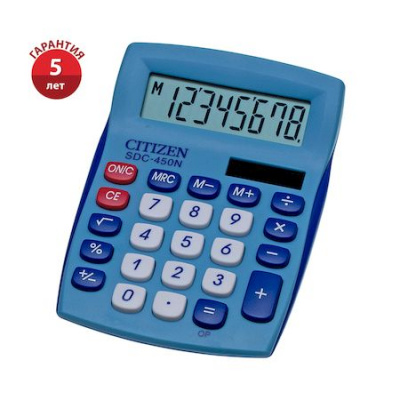 Большое фото товара - Калькулятор CITIZEN 8 разрядов SDC-450NBLCFS (87х120х22мм) синий, 2 питания, блистер CITIZEN, 12-16318. Вариант №1