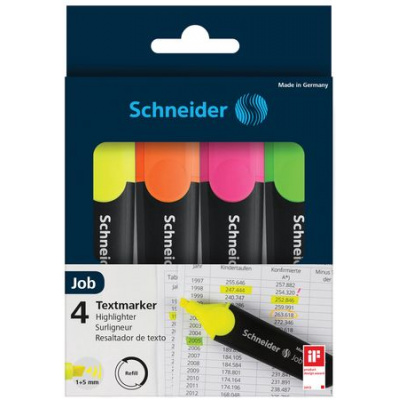 Большое фото товара - Набор текстовыделителей 4цв Job 1-5мм 1500 (255704) Schneider, 12-191883. Вариант №1