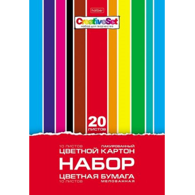 Большое фото товара - Набор цветного картона лакированного (10л)+цветная бумага мелованная (10л) "Creative Set" в папке (088562) 32438 Хатбер, 12-195485. Вариант №1
