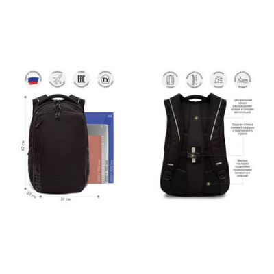 Большое фото товара - Рюкзак молодежный (М)  черный 31х42х22 см 17л RU-538-1/1 GRIZZLY, 12-202174. Вариант №1