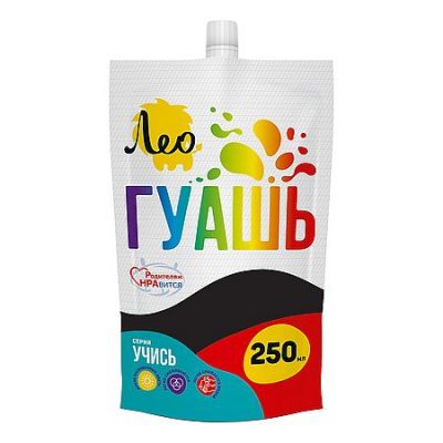 Большое фото товара - Гуашь 250 мл черная(black) 806 "Учись" Группа 1 дой-пак с штуцером LGD-250 Лео, 12-205003. Вариант №1