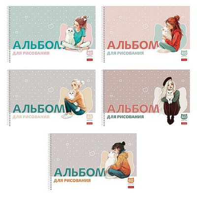 Большое фото товара - Альбом для рисования 40л на спирали с пласт. обл. 300мкм 5 диз. "Девочка с котиком" (091567) Хатбер, 12-210874. Вариант №1
