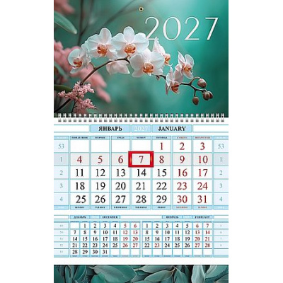 Большое фото товара - Календарь квартальный 2027г. Соло-Люкс 1 спираль "Нежная орхидея" 1-блоч. с бегунком 096107 (36870) Хатбер, 12-211419. Вариант №1