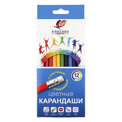 Большое фото товара - Карандаши 12цв "Классика цвета" стираемые,с ластиком, шестигранные 35С 2346-08 Луч, 12-213984. Вариант №1