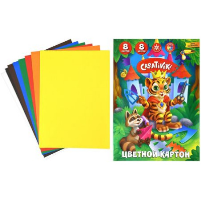 Большое фото товара - Набор цветного картона А4  8л 8цв  КЦ8Л8ЦКР Creativiki, 12-99242. Вариант №1