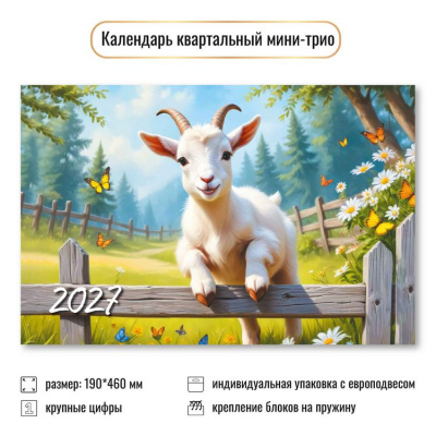 Большое фото товара - КалендарьКвартальный 2027 Год козы (Символ года) (190*460, трехблочный) 9928, (Квадра), 13-1022911. Вариант №1