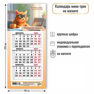 Большое фото товара - КалендарьНаМагните 2027 Кот/Человек создан для счастья..(108*245, отрывной, квартальный) 9983, (Квадра), 13-1022916. Вариант №1