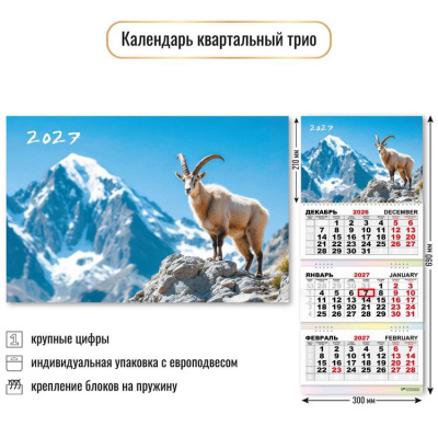 Большое фото товара - КалендарьКвартальный 2027 Год козы (Символ года) (300*690, трехблочный) 10015, (Квадра), 13-1023006. Вариант №1