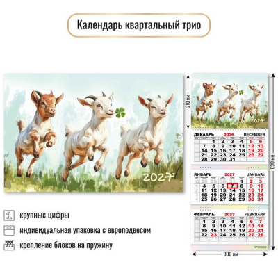 Большое фото товара - КалендарьКвартальный 2027 Год козы (Символ года) (300*690, трехблочный) 10019, (Квадра), 13-1023016. Вариант №1