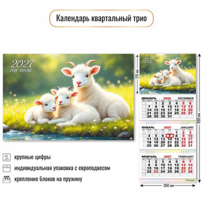 Большое фото товара - КалендарьКвартальный 2027 Год козы (Символ года) (300*690, трехблочный) 10009, (Квадра), 13-1023021. Вариант №1
