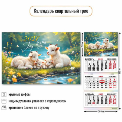 Большое фото товара - КалендарьКвартальный 2027 Год козы (Символ года) (300*690, трехблочный) 10005, (Квадра), 13-1023024. Вариант №1