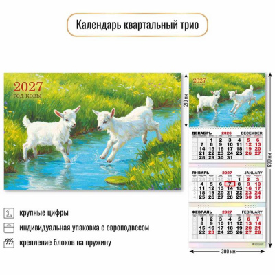 Большое фото товара - КалендарьКвартальный 2027 Год козы (Символ года) (300*690, трехблочный) 10013, (Квадра), 13-1023025. Вариант №1