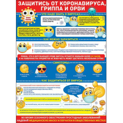 Большое фото товара - 0800912 Плакат "Защитись от коронавируса, гриппа и ОРВИ" (А2, текст), (Праздник), 13-855472. Вариант №1