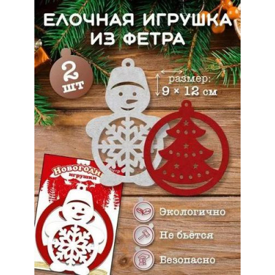 Большое фото товара - 151601780 Новогодние елочные игрушки из фетра "Шар и снеговик" (9*12см, 2шт.), (Хорошо), 13-923274. Вариант №1