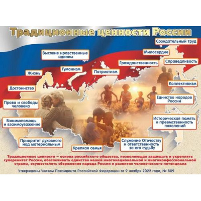 Большое фото товара - 6000257 Плакат "Традиционные ценности России" (596*440мм, текст, флаг), (Праздник), 13-968242. Вариант №1