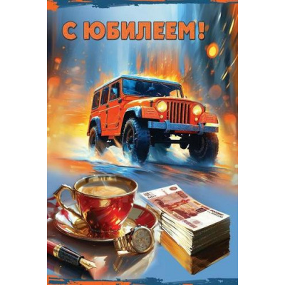 Большое фото товара - 50000361 С Юбилеем! (открытка, текст, блестки, мужская), (Праздник), 13-990744. Вариант №1